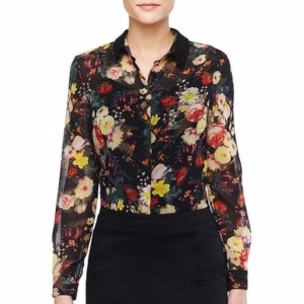 MNG Collection Sheer Floral Button up Blouse